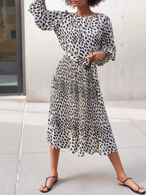 Ayr Who's She Hot Dot Midi Dress Gathered Sleeve Black White Size M